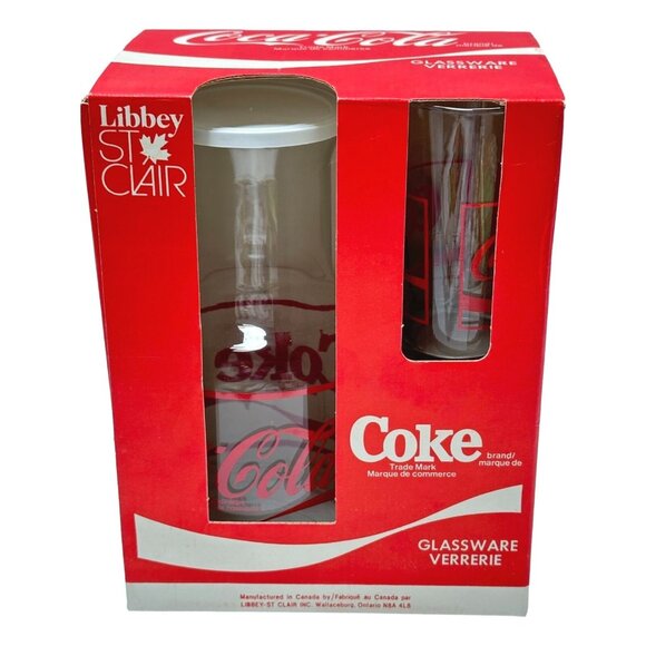 Libby St Clair Coca-Cola Glass Decanter and 4 Glasses 1987 Vintage New - Picture 1 of 16